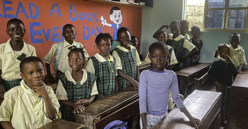 Primary school pupils in a well-equipped classroom